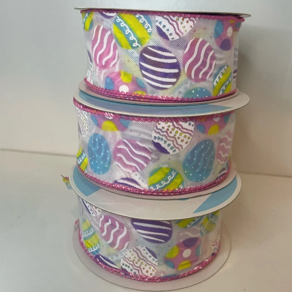 White Mesh Ribbon with Colorful Easter Egg Design, Easter wired ribbon,1.5”x30ft
